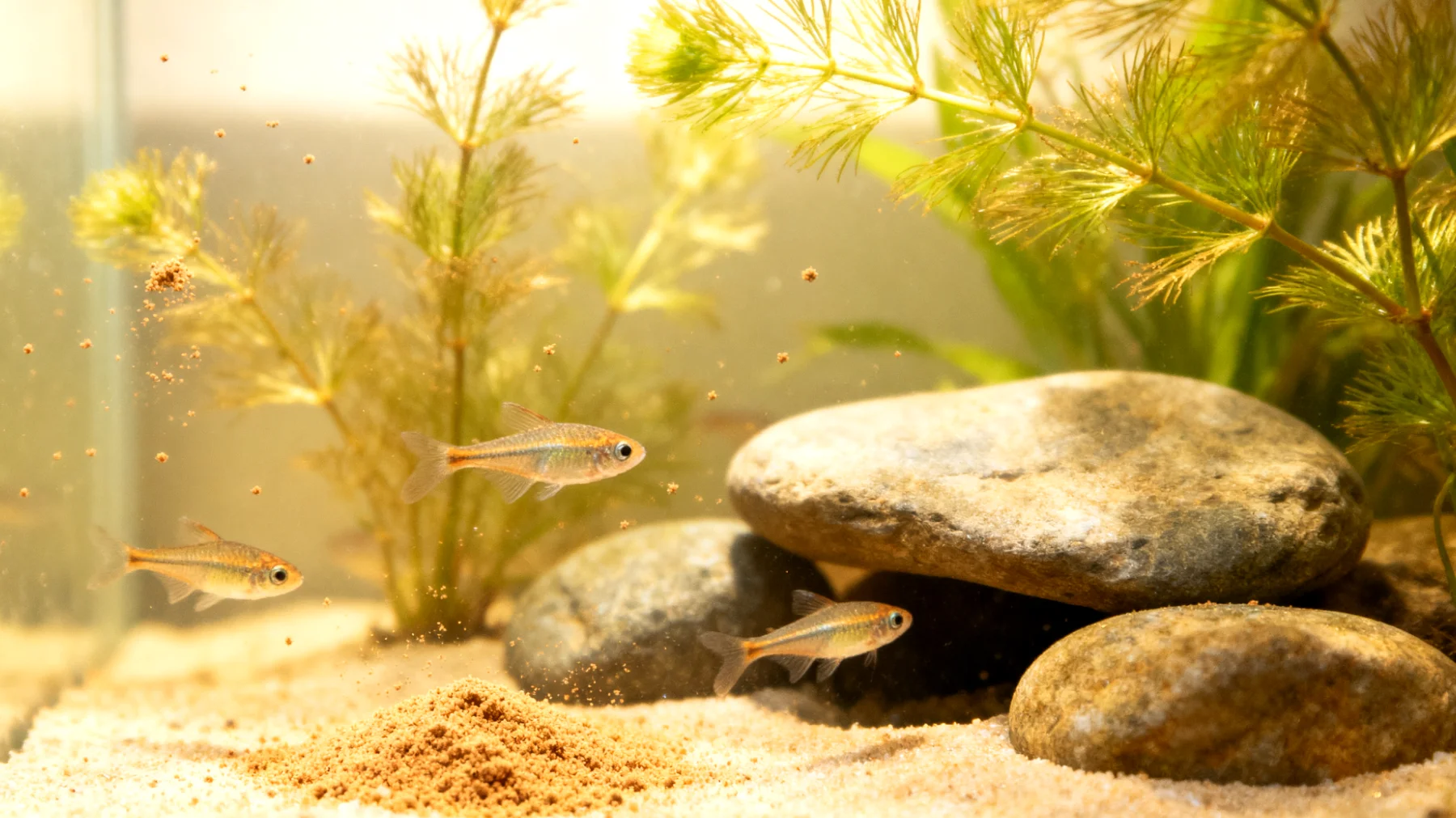 Junge Fische benötigen spezielle Pflegeprodukte und Zubehör, die auf ihre empfindlichen Entwicklungsbedürfnisse abgestimmt sind, wie feineres Futter, sichere Versteckmöglichkeiten und altersgerechte Wasserparameter"