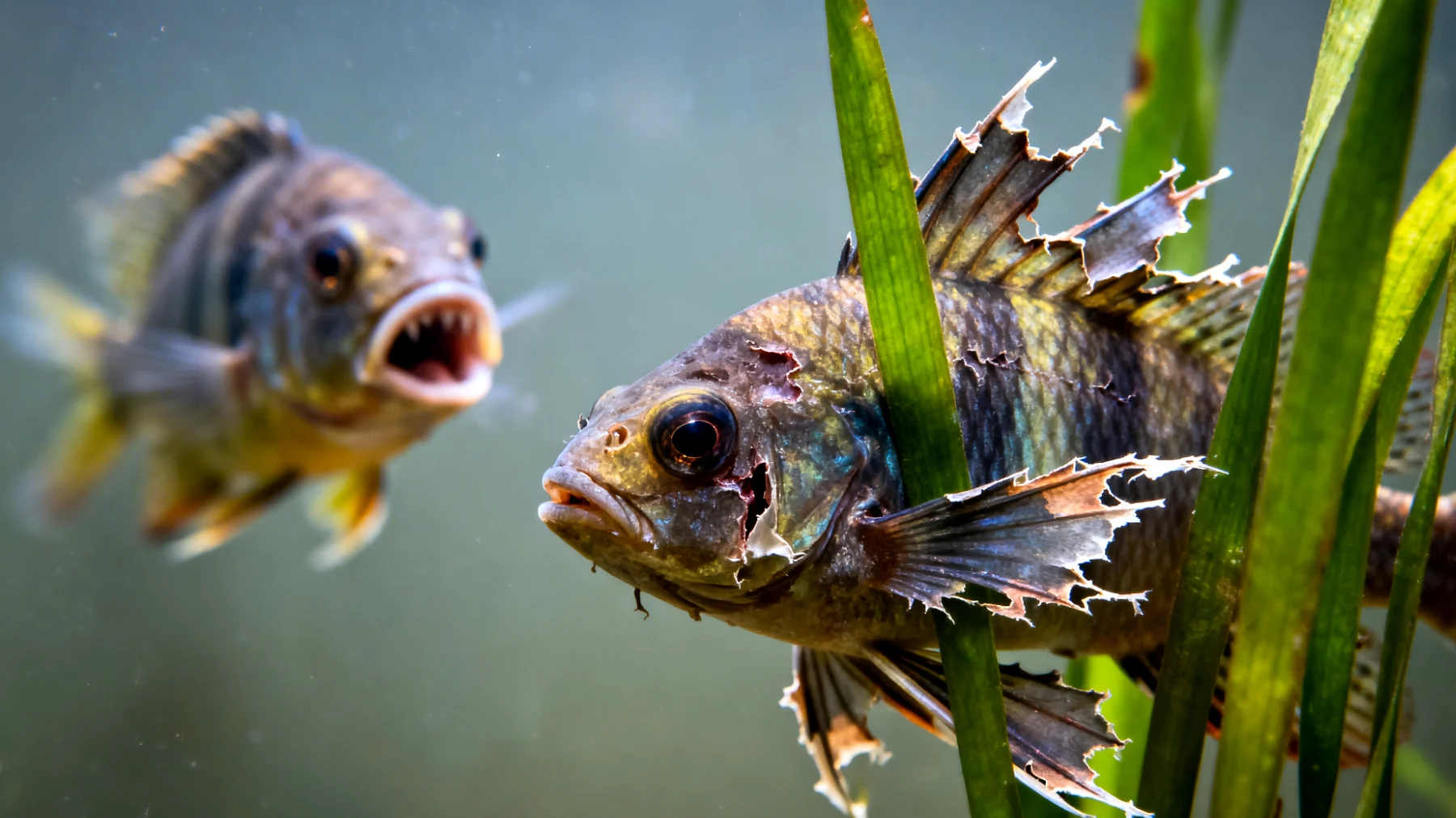 Fische zeigen Aggression oder Stress bei der Vergesellschaftung mit anderen Fischarten im Aquarium, was zu Flossenbeschädigungen, Verletzungen oder Todesfällen führen kann"