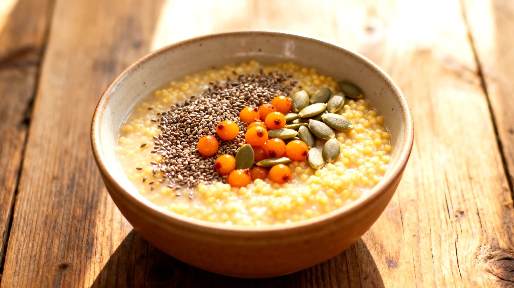 Hirse-Porridge mit Amaranth, Kürbiskernen und Sanddornbeeren"