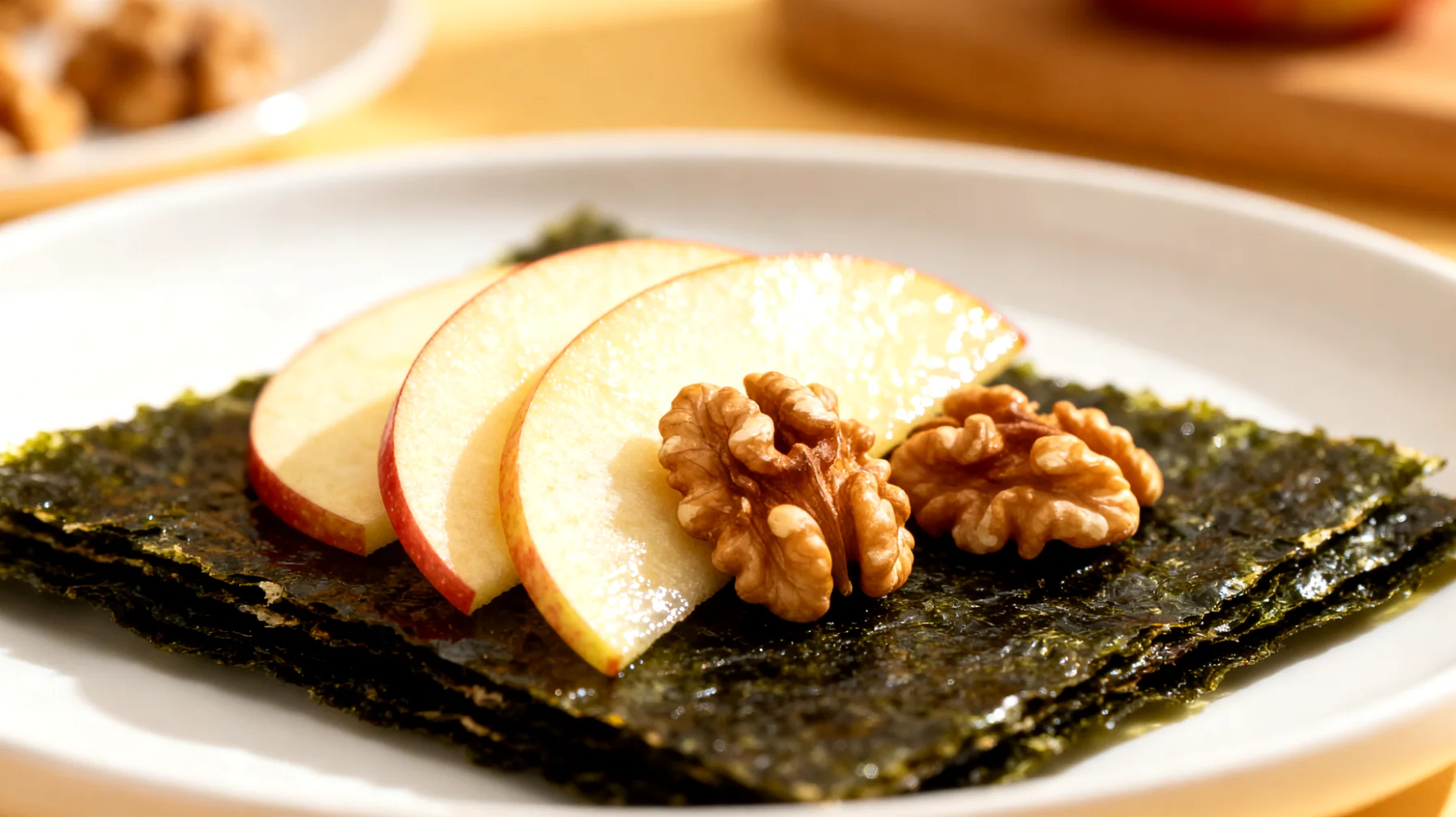 Nori-Algenblätter mit Walnüssen und Apfelscheiben"